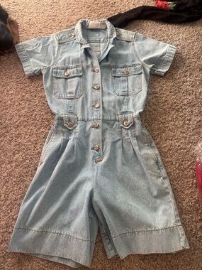Vintage Bill Blass Denim Romper Jean Jumpsuit Medium P Utility Safari Nautical